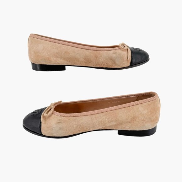 Chanel CC Cap Toe Ballet Flats EU 37.5 US 6.5-7 Beige Suede & Black Two Tone - Picture 10 of 16